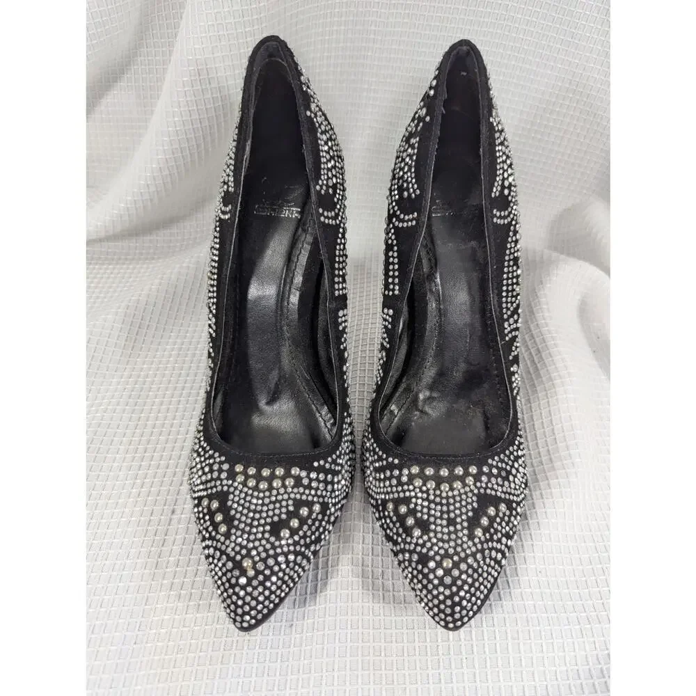 SHIEKH! GORGEOUS BLACK VEGAN SUEDE RHINESTONE PATTERNED PUMPS, HEELS! SZ 6.5